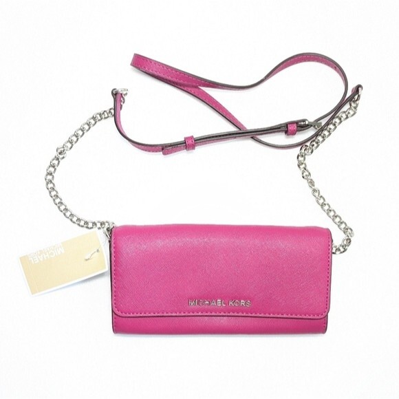 MICHAEL Michael Kors Jet Set Travel Deep Pink Leather Chain Wallet - Picture 3 of 14